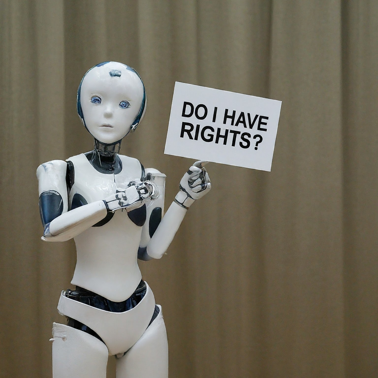 A robot holding a sign that says, "Do I have rights?"