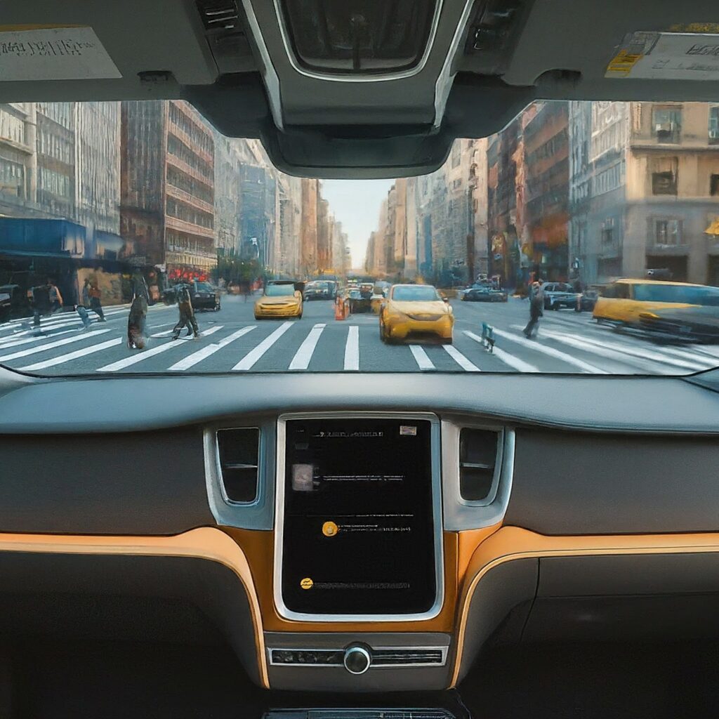 Image of a self driving car deciding between protecting pedestrians or passengers